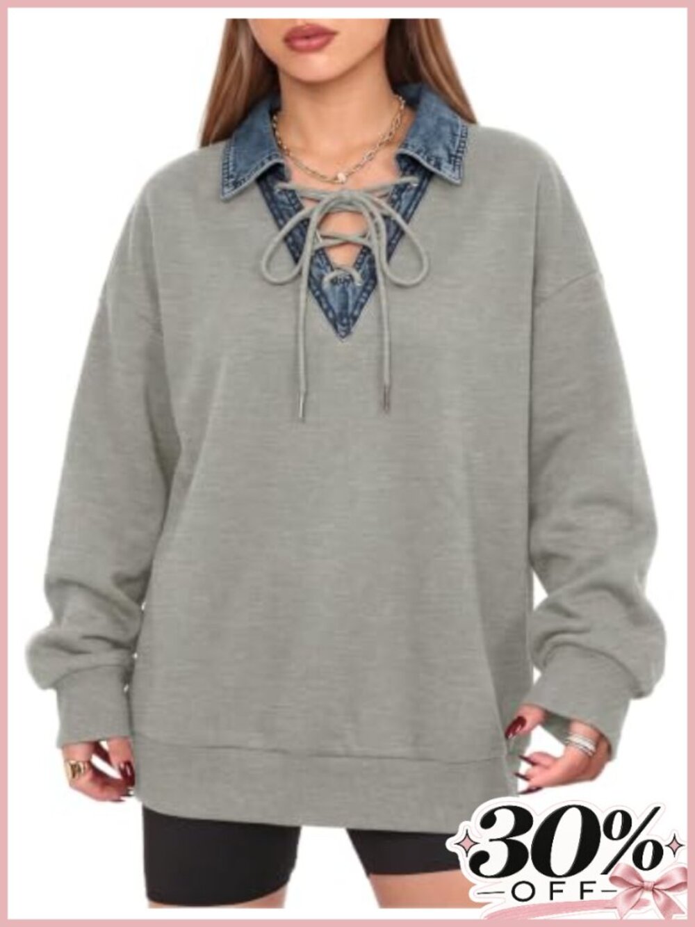 Oversized Lace-Up V-Neck Sweatshirt with Denim Collar Pullover Casual Top